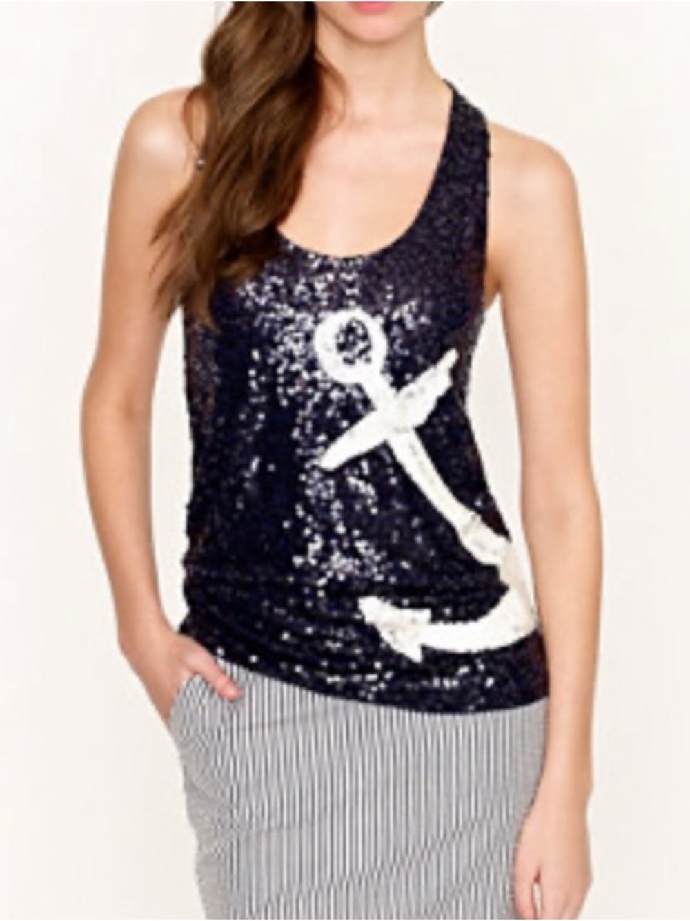 J Crew Sequin Anchor Navy Tank Top SZ XL So Cute